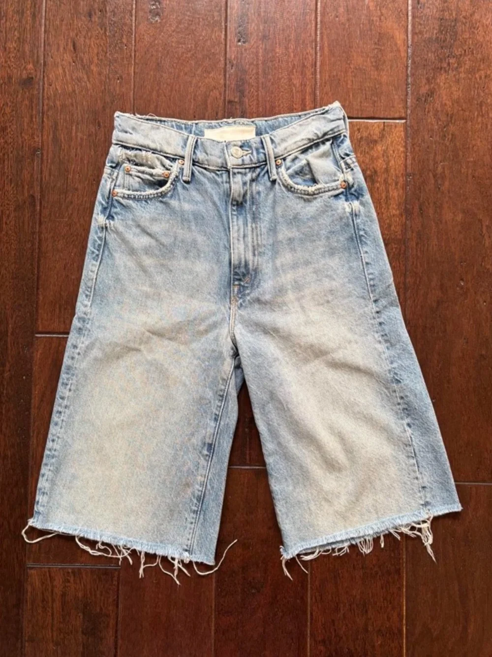 Mother Denim Undercover Knee Fray blue denim shorts